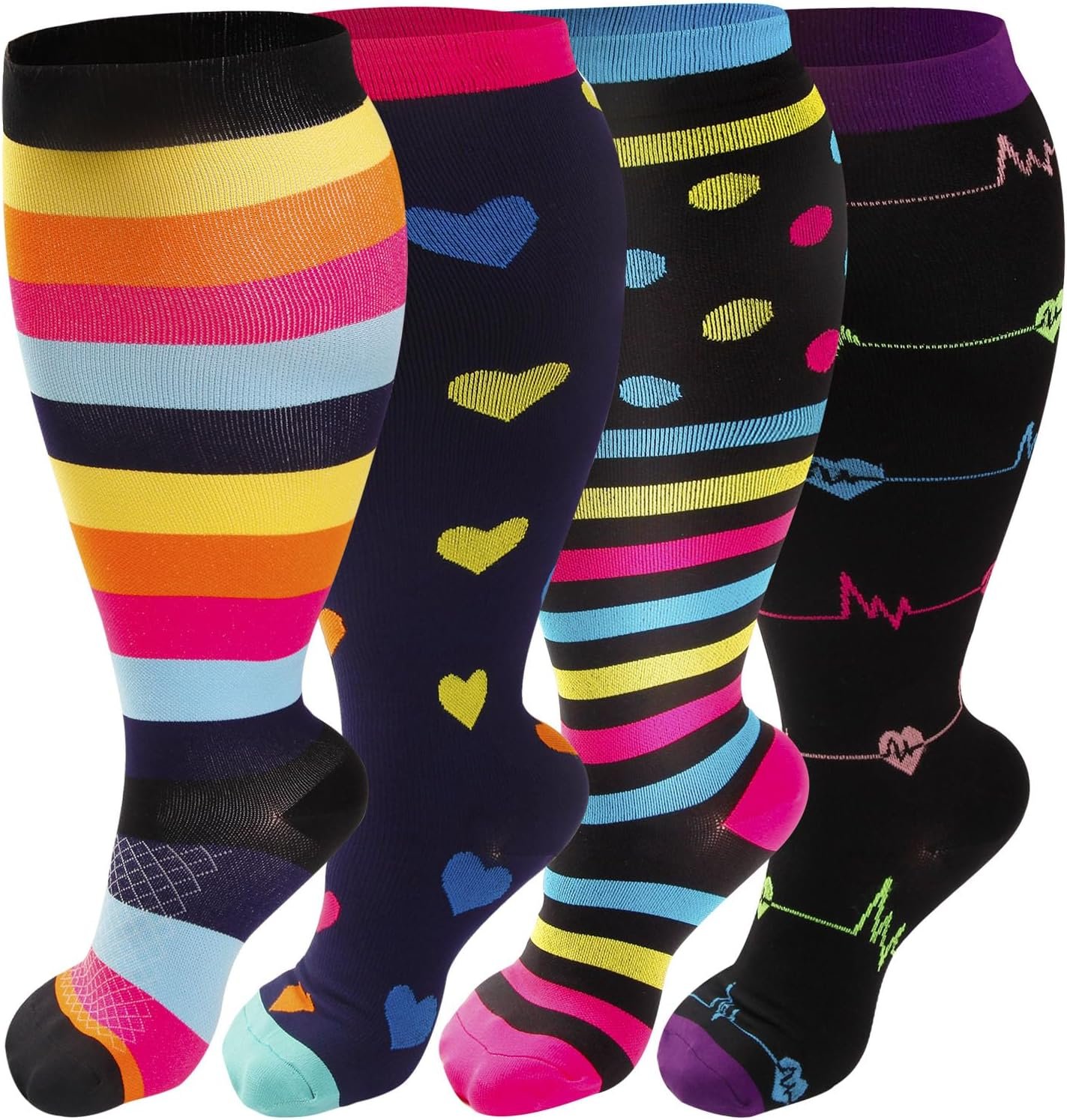 4 Pairs Plus Size Compression Socks Wide Calf for Women Men