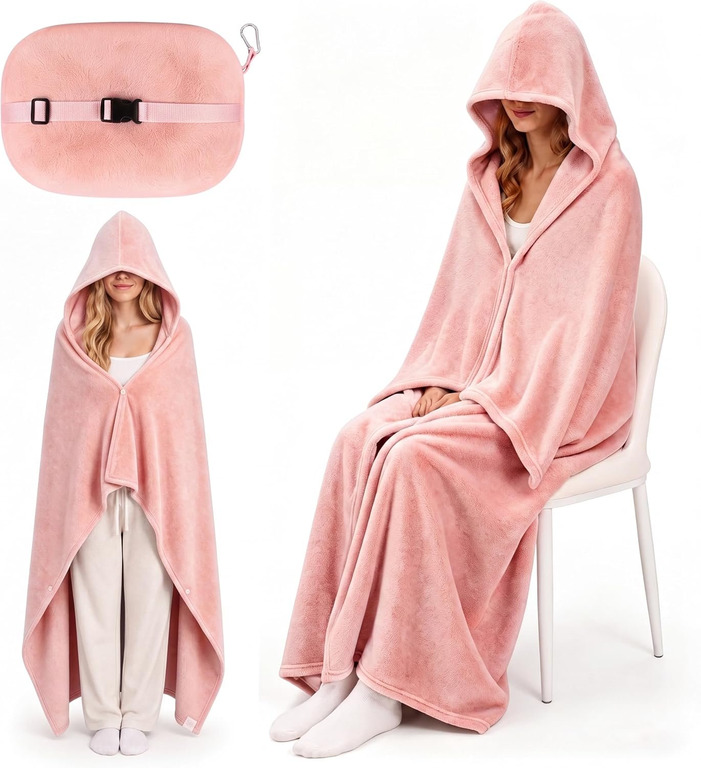 Hooded Blanket for Airplane Travel, Compact Fleece, Pink