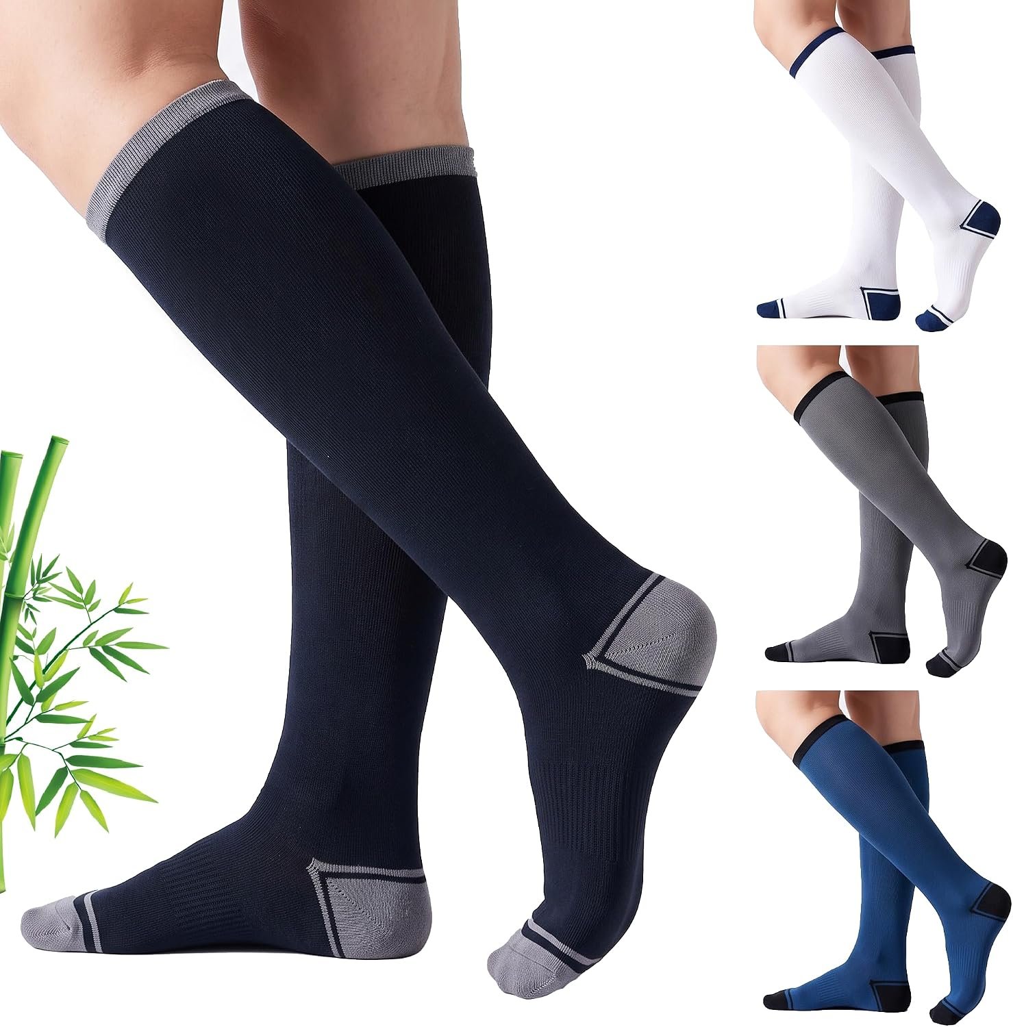 4 Pairs Bamboo Compression Socks 15-20mmHg Knee High Support