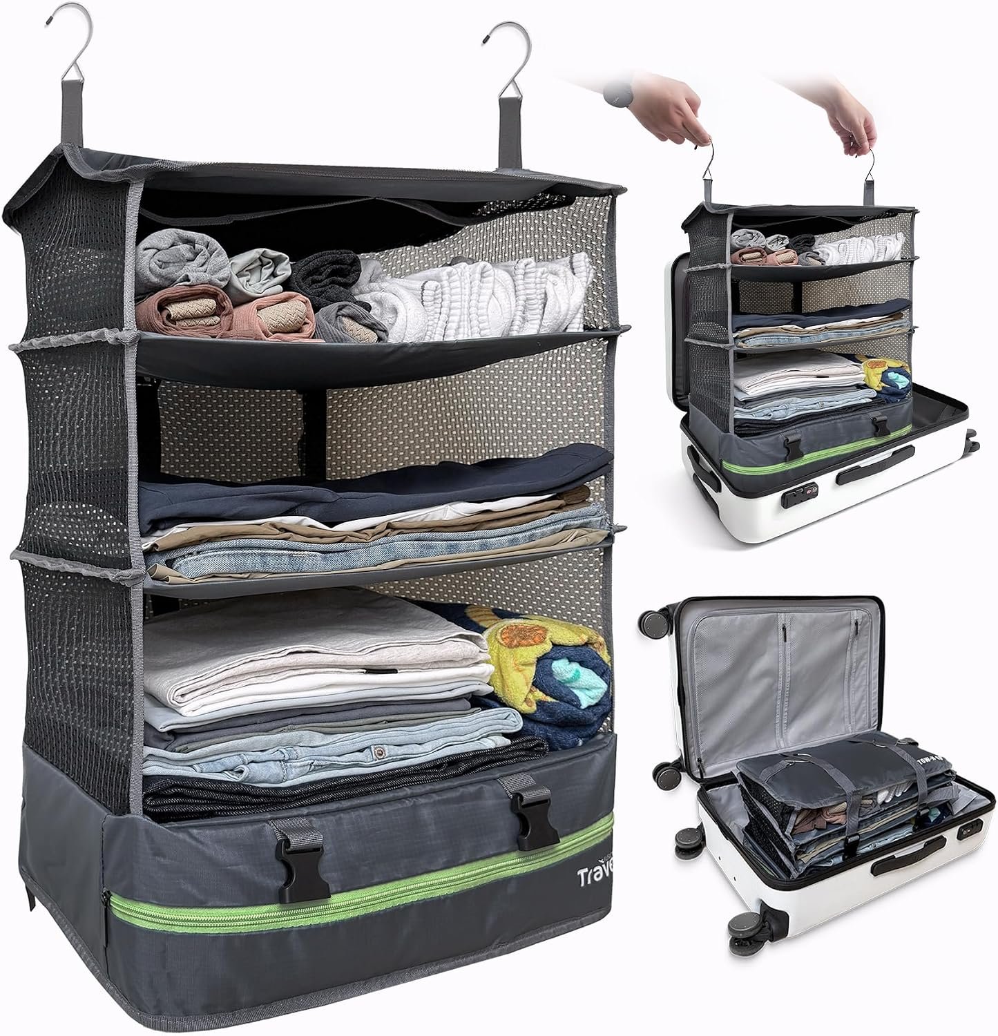 Stow-N-Go Portable Hanging Travel Shelves, Packing Organizer for Luggage. Carry on Closet for Clothes. Expandable Packing Cube. Travel Essentials. Dak Gray – XL