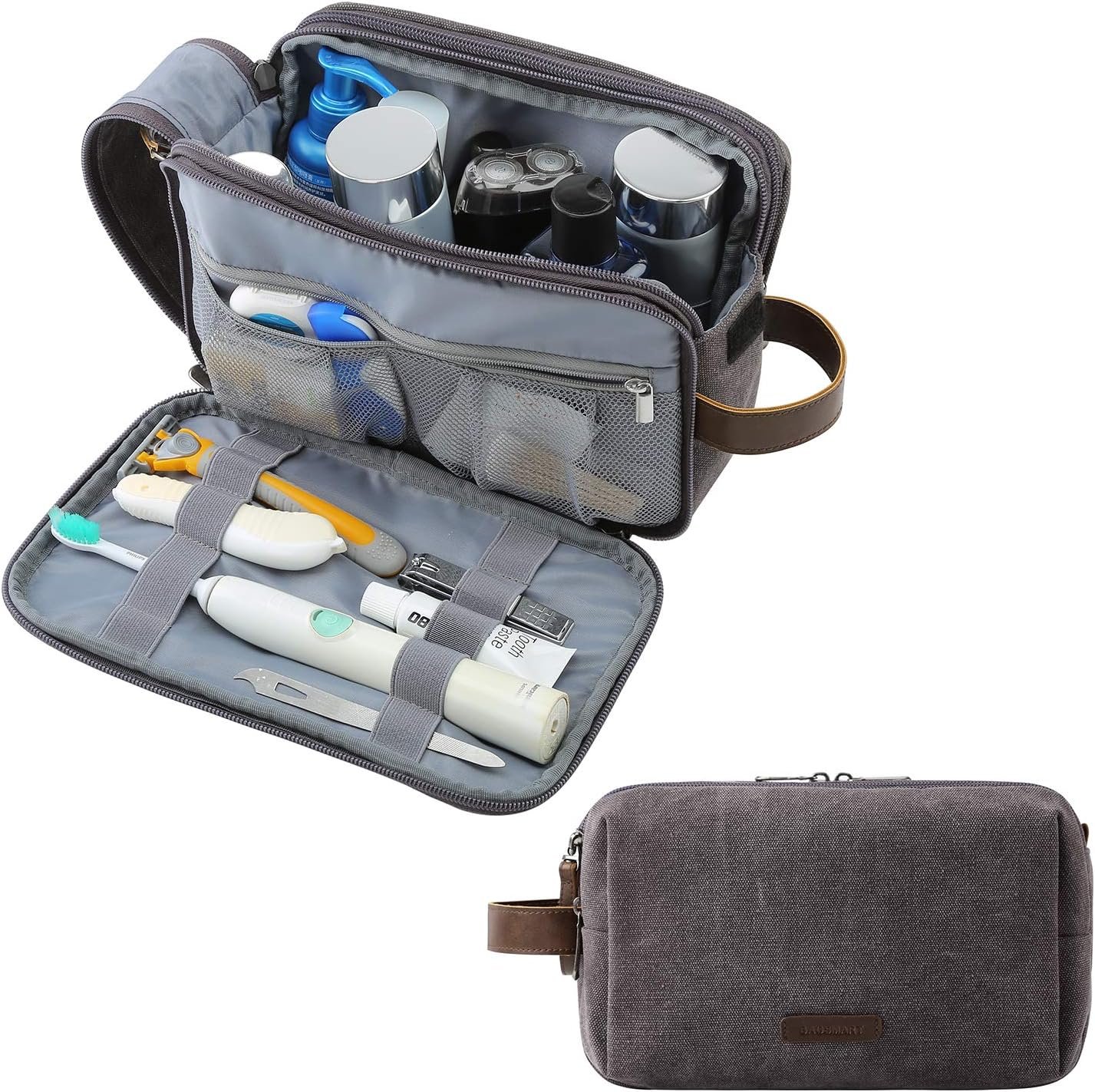 BAGSMART Toiletry Bag for Men, Canvas Travel Toiletry Organizer Dopp Kit Water-resistant Shaving Bag for Toiletries Accessories,Grey-Medium
