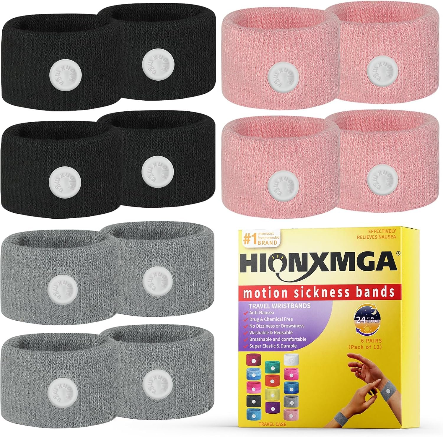HIONXMGA 6 Pairs Motion Sickness Bands – Anti Nausea Acupressure Wristbands