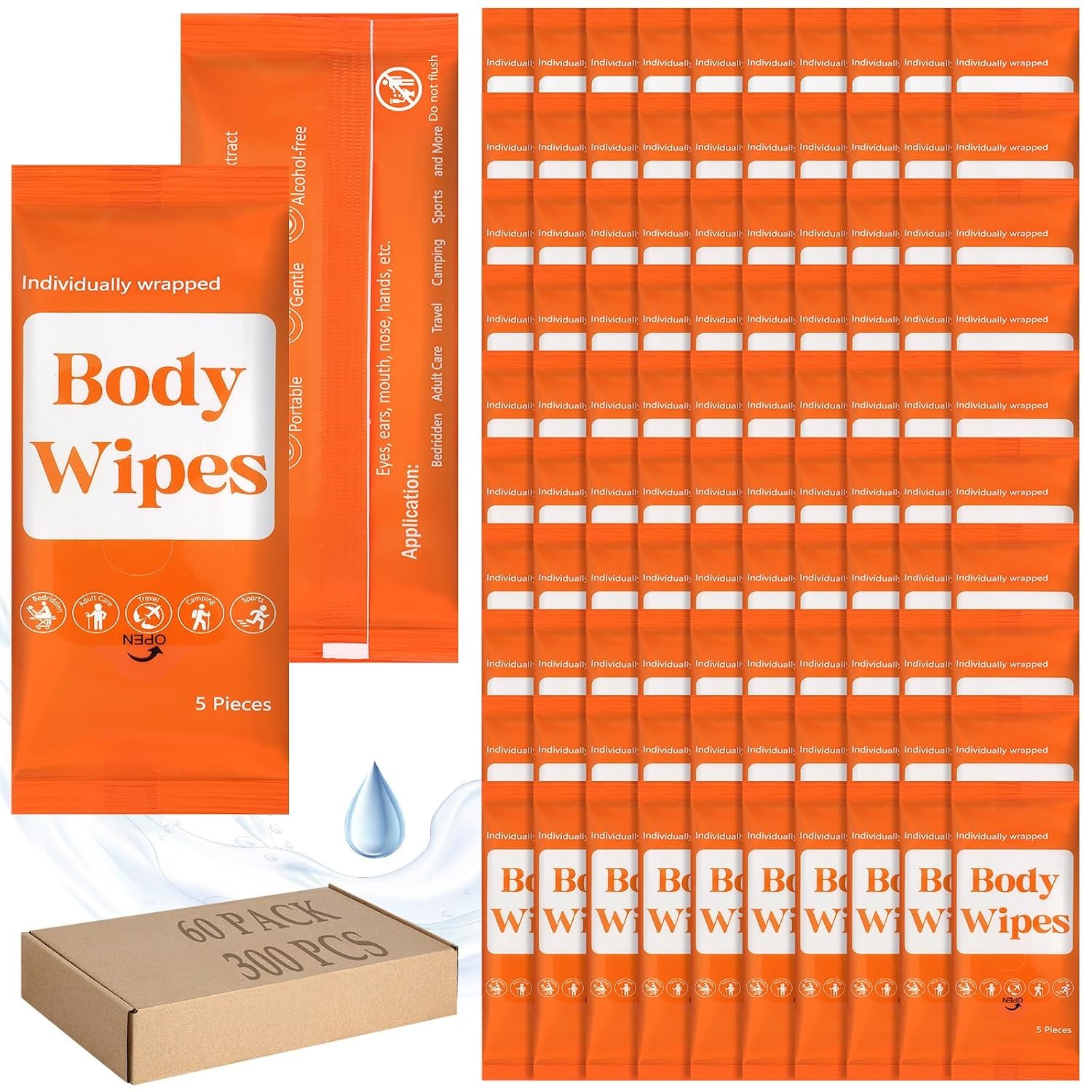 Threlaco 300 Pcs 60 Pack Body Wipes for Adults Bathing, Orange Background