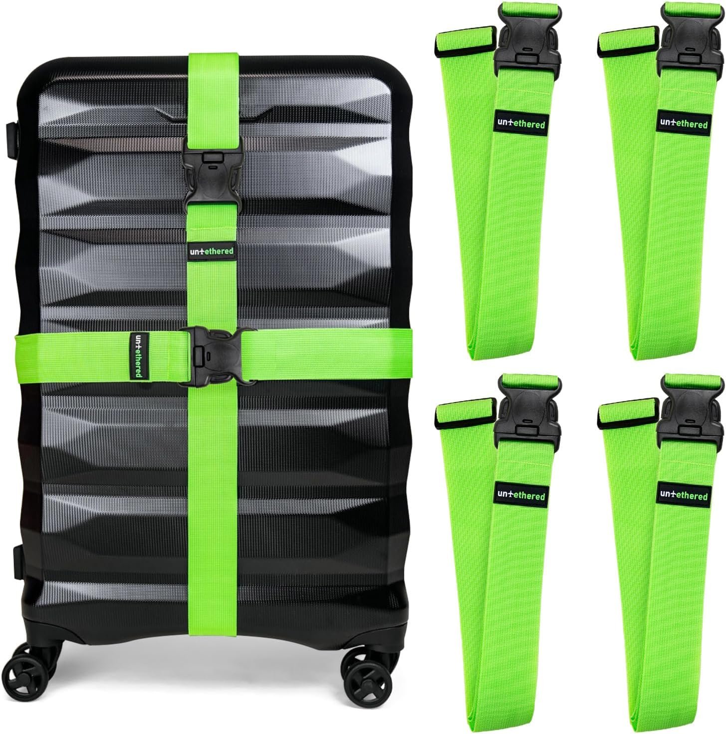 Untethered Luggage Straps for Suitcases, TSA Approved, 4-Pack, Green