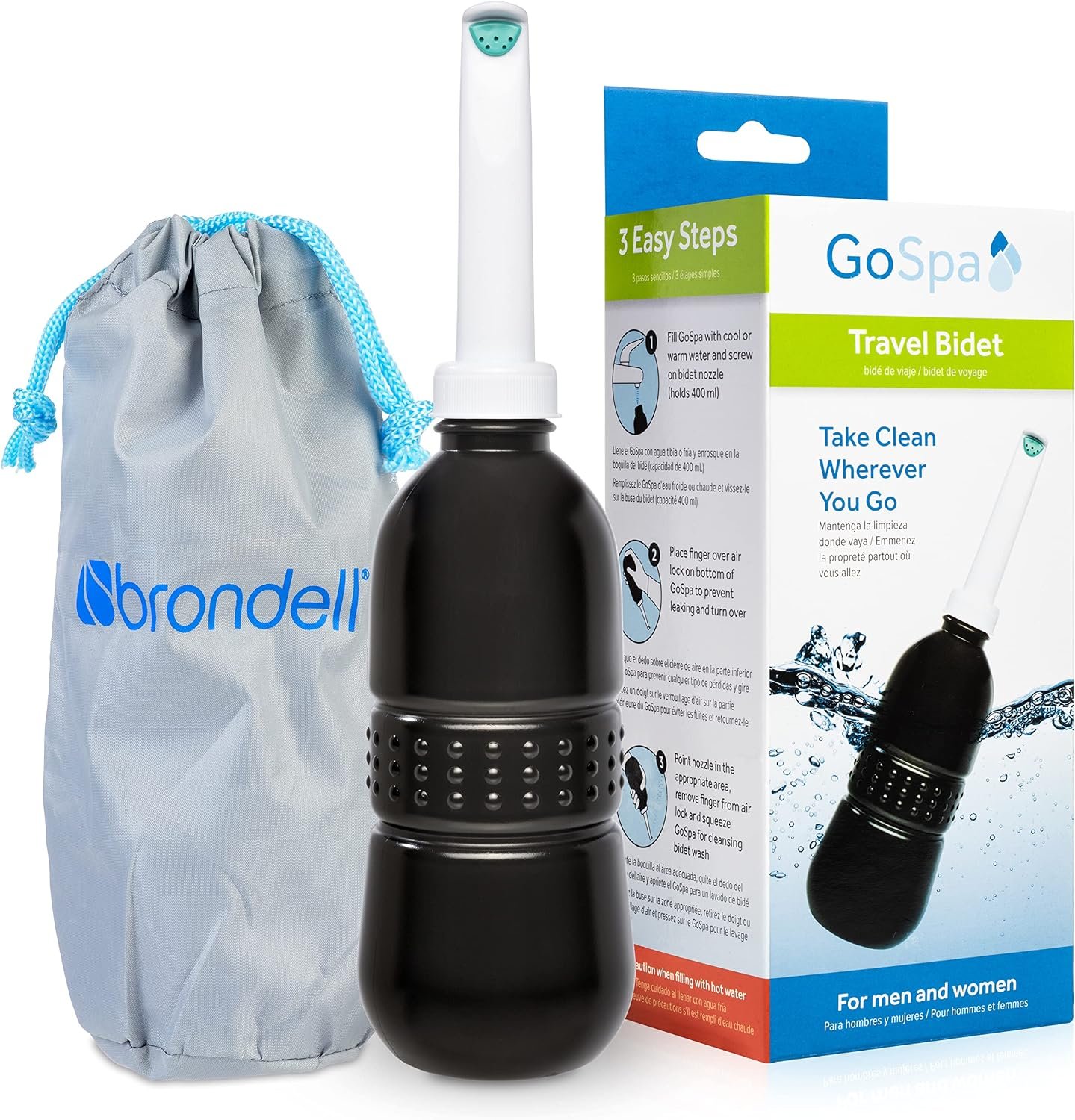 Brondell GoSpa Travel Bidet GS-70 – Portable Peri Bottle for Postpartum & Perineal Care, 400ml Handheld Bidet with Angled Nozzle, Collapsible Design, Nozzle Storage & Travel Bag, Midnight