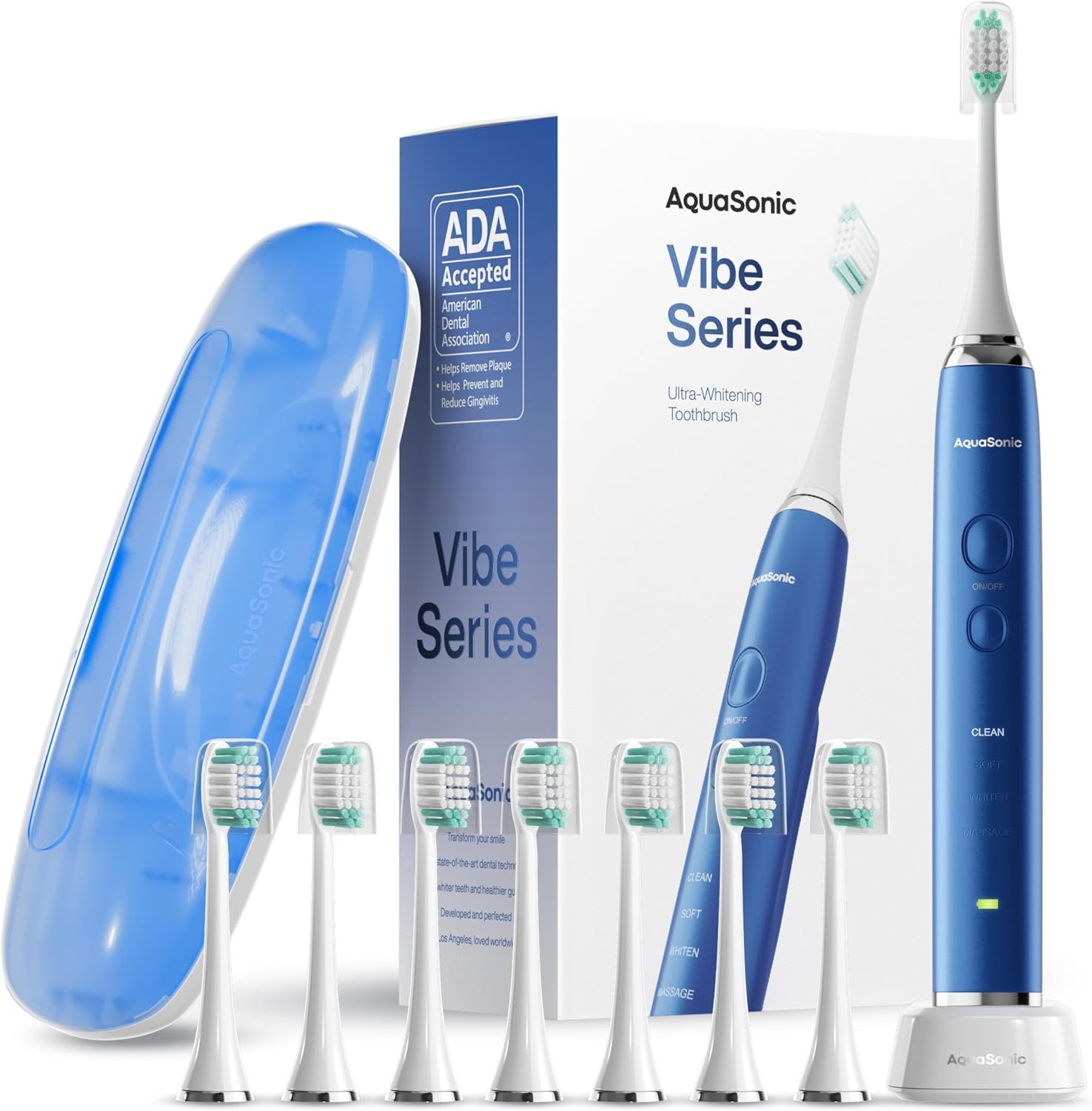 Aquasonic Vibe Series Ultra-Whitening Toothbrush – ADA Accepted Electric Toothbrush – 8 Brush Heads & Travel Case – 40,000 VPM Motor & Wireless Charging – 4 Modes w Smart Timer – Sapphire Blue