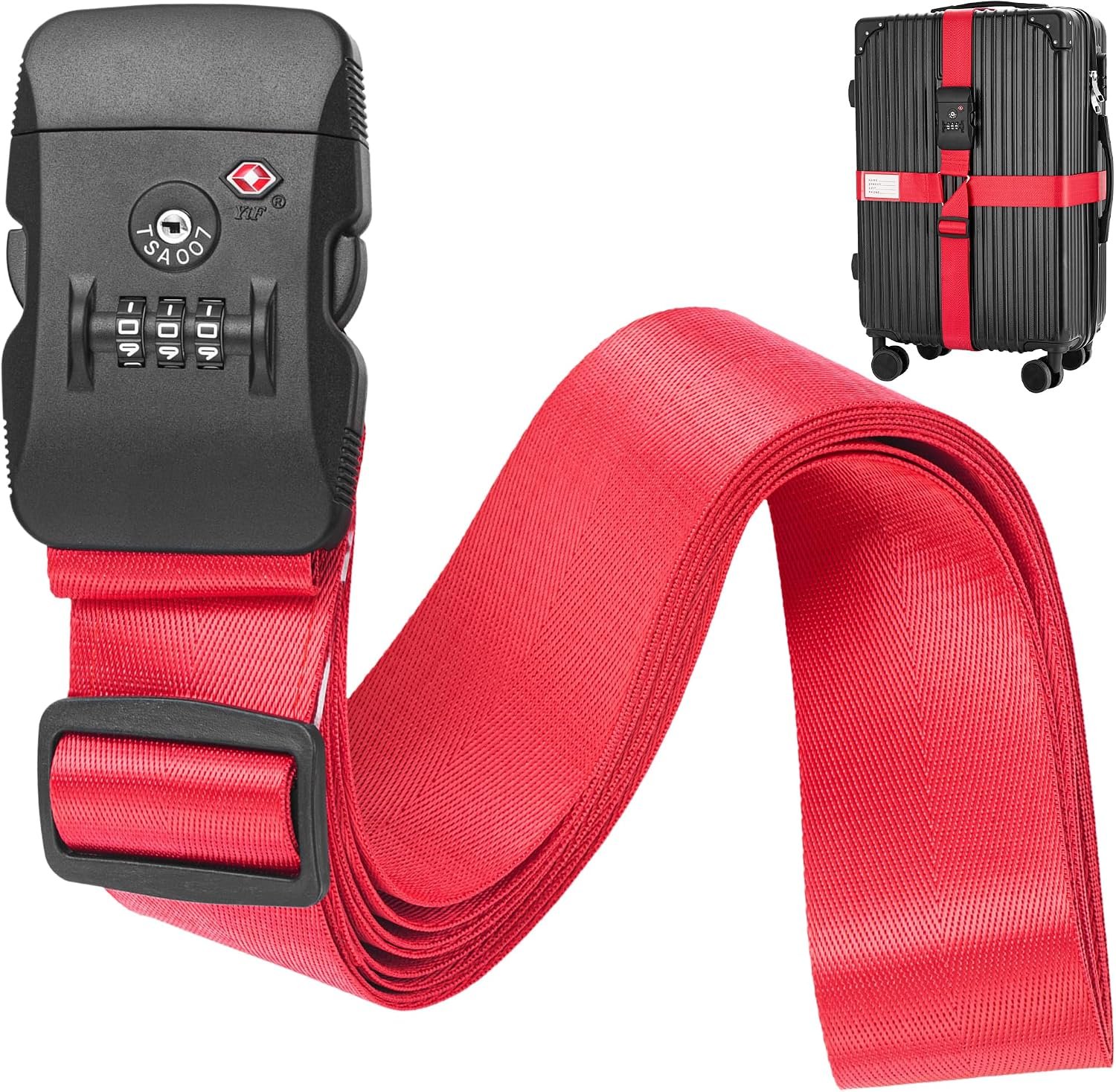 BlueCosto – Luggage Strap with TSA Lock – 7 to 13 ft Adjustable, Bright Red – TSA Approved Suitcase Security Belt with 3 Digit Combination Locking – 2″ Wide Heavy Duty Baggage Strap for Secure Travel