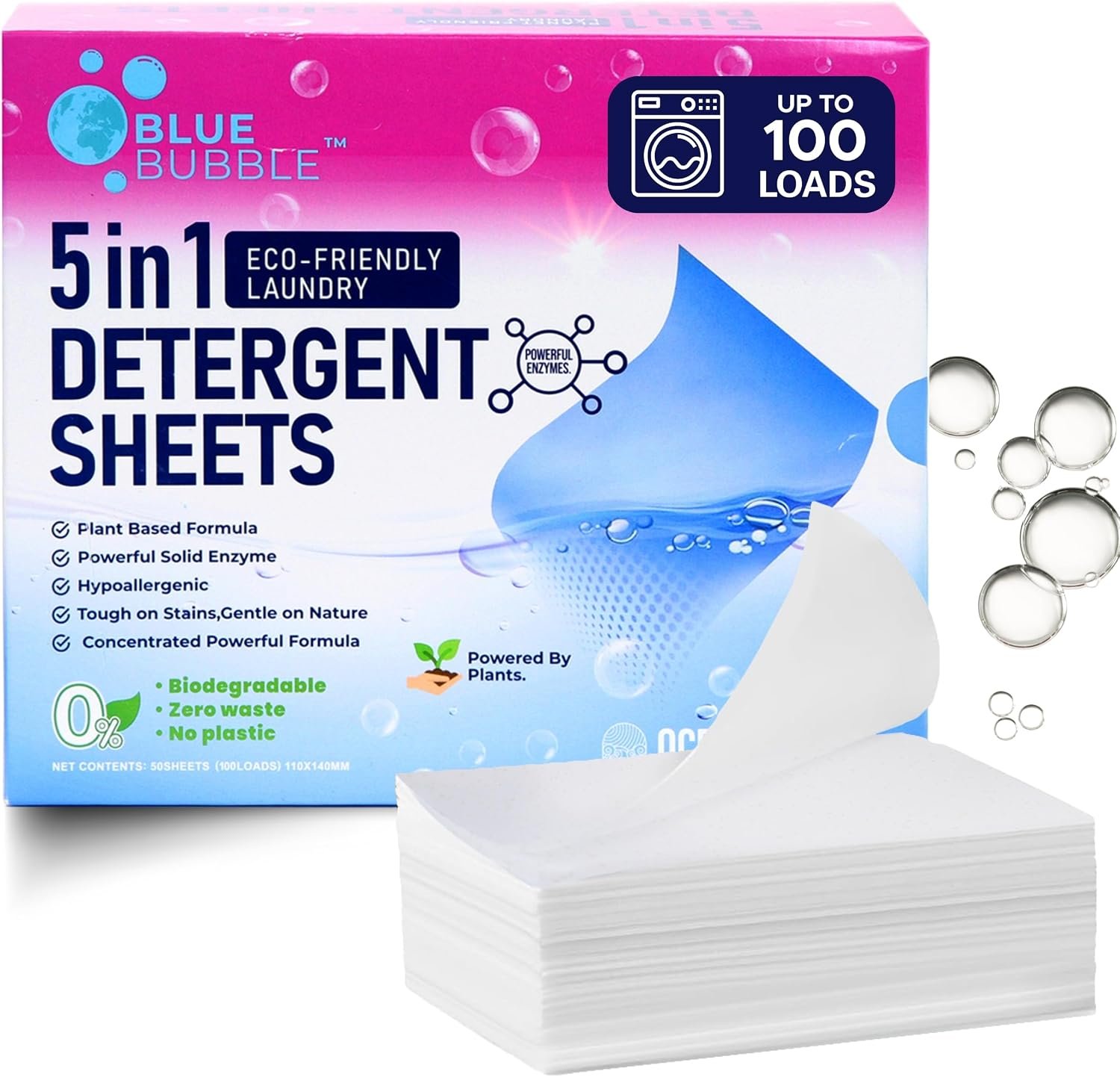 BLUE BUBBLE (100LOADS) Eco Friendly Laundry Detergent Sheets Ocean Breeze Scent – 5in1 Plant Based Laundry Soap Sheets for Sensitive Skin, Dissolvable Zero Waste Plastic Free Strip – up to 100 Loads
