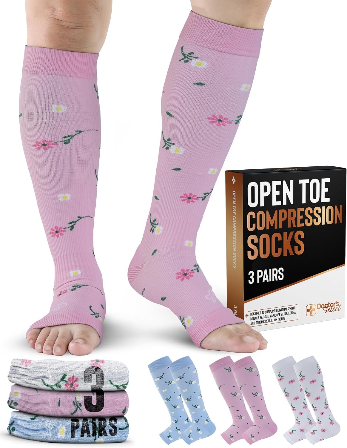 Doctor’s Select 3 Pairs Copper Toeless Compression Socks Women & Men – 20-30 mmHg Open Toe Compression Socks Knee High Women