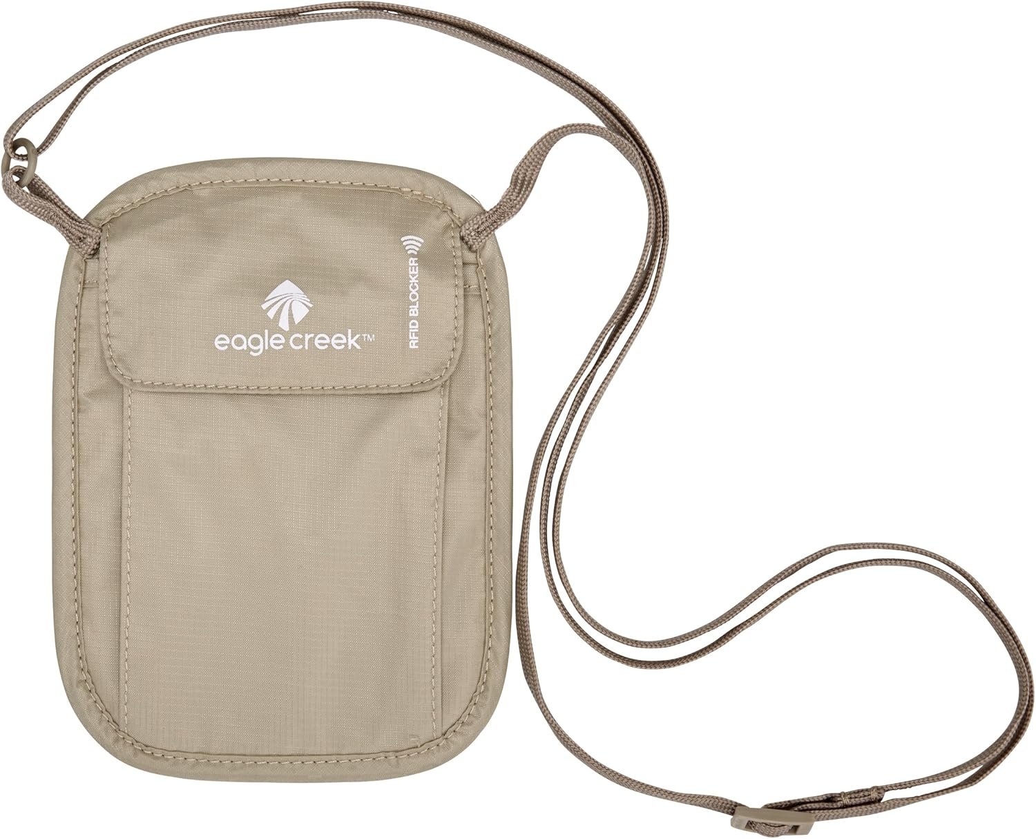 eagle creek RFID Blocker Neck Wallet – Durable and Lightweight Travel Passport and Valuables Organizer with Hook and Loop Closure and Adjustable Neck Strap, Tan