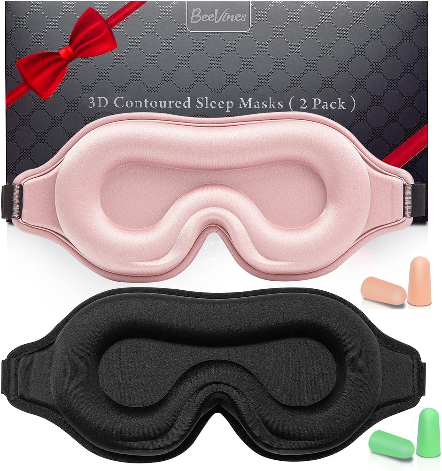 BeeVines 3D Contoured Sleep Mask, Blackout Eye Masks for Sleeping (2 Packs)