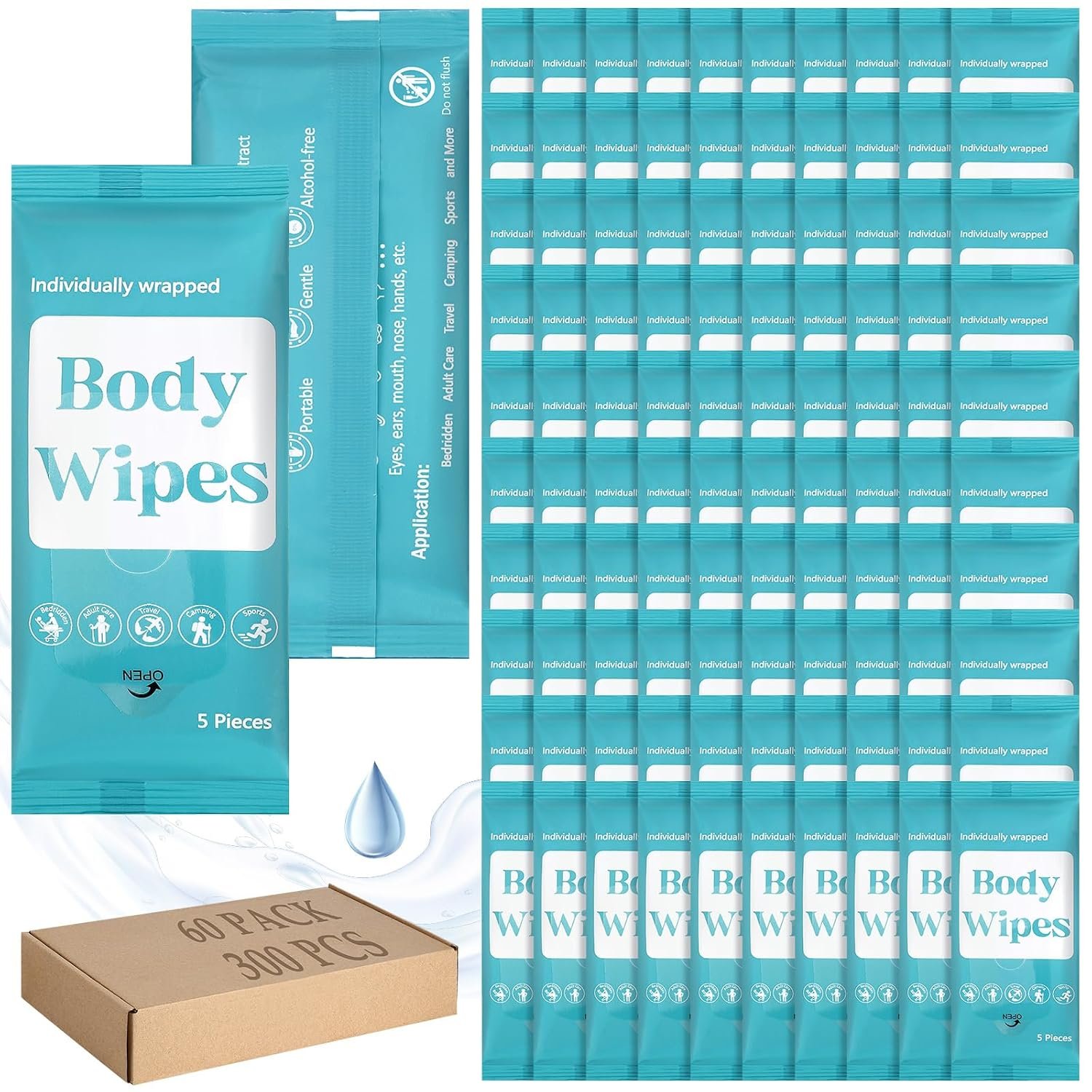 Threlaco 300 Pcs 60 Pack Body Wipes for Adults Bathing, Blue Background