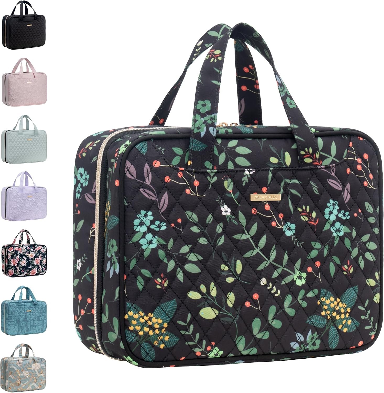 Everfun Travel Toiletry Bag with Hanging Hook and Leakproof Wet/Dry Compartments, Large Capacity Makeup Cosmetic Organizer for Women, 12x9x4.5 Inch, Black Leaves