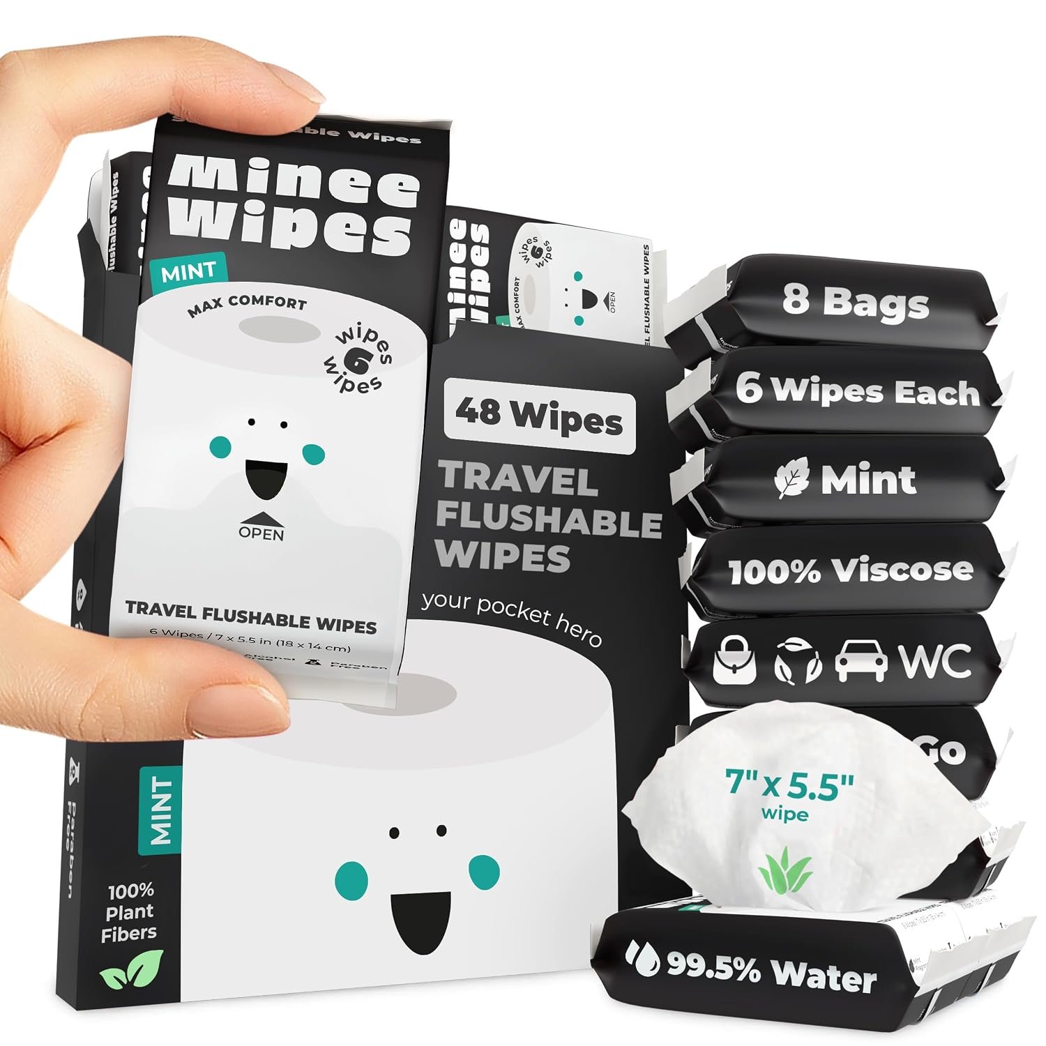 Impossibly Compact Travel Flushable Wipes – 99.5% Water and Aloe – Safe for Sensitive Skin – Travel Essentials for Adults & Kids, Mint, 8 Pack 48 Wipes