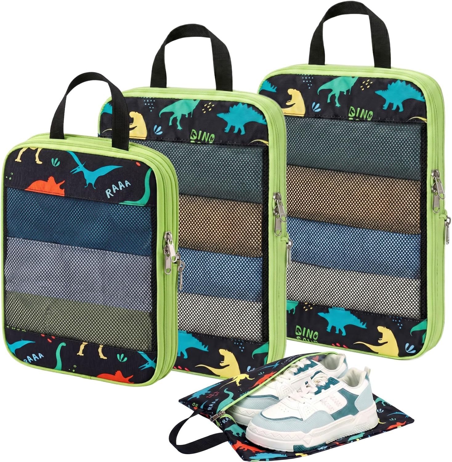 Kids Compression Packing Cubes – 4 PCS Sets, Black Dinasour