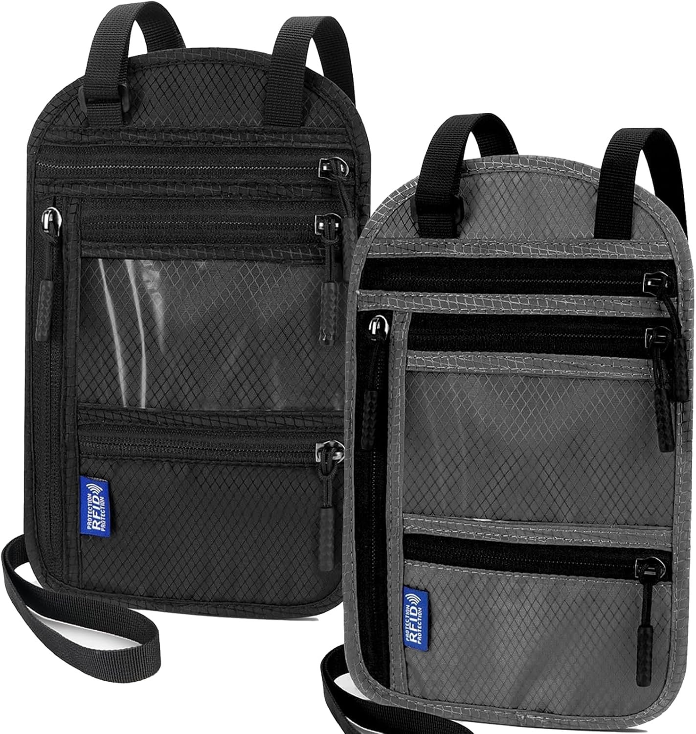 2-Pack RFID Blocking Passport Holder Neck Wallet, Large Travel Pouch for 2 Passports & 7″ Phone, Comfortable Breathable Anti-Theft Travel Organizer with Cash Pocket (Black & Dark Gray)