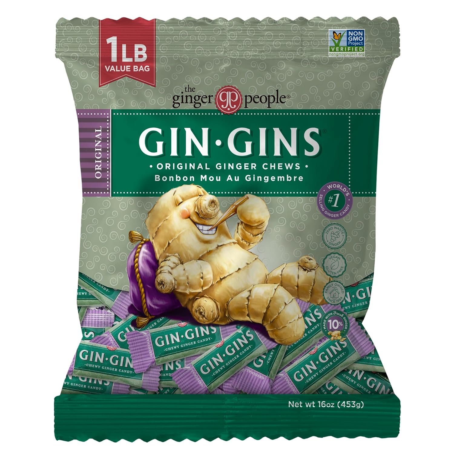 GIN GINS Original Ginger Chews Made w/Fresh Ginger 1lb 1Pk