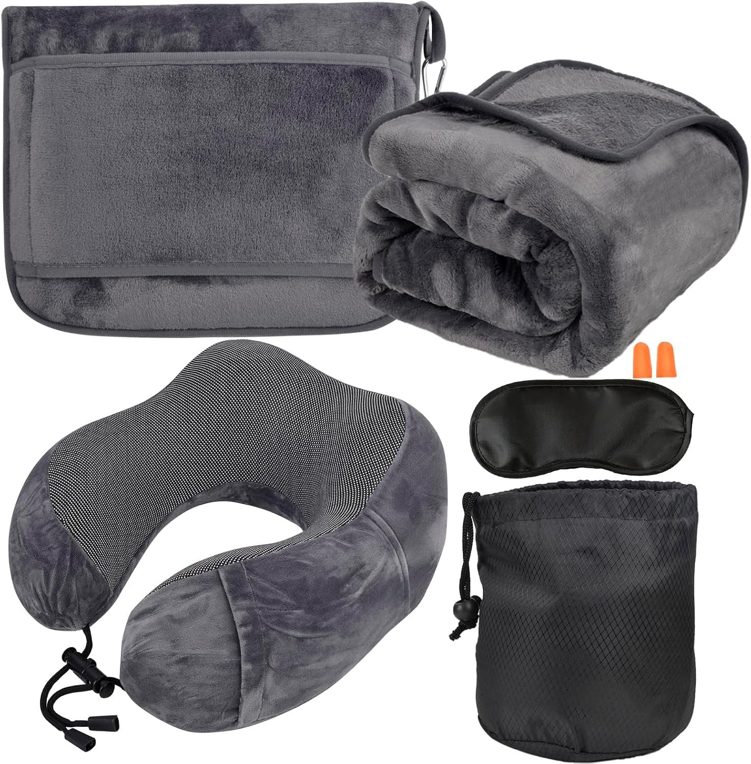 Travel Blanket and Pillow Set – Neck Pillow Airplane Essentials, Dark Grey