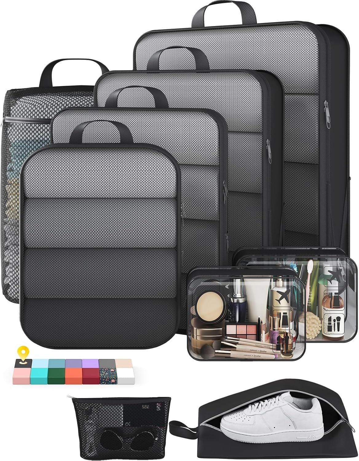 Veken 9/11 Set Compression Packing Cubes for Travel Essentials,Compressible Expandable Large Luggage Suitcase Organizer Bags for Clothing,Space Saver Bags with Over 1000 pcs of Mesh Holes(Black)