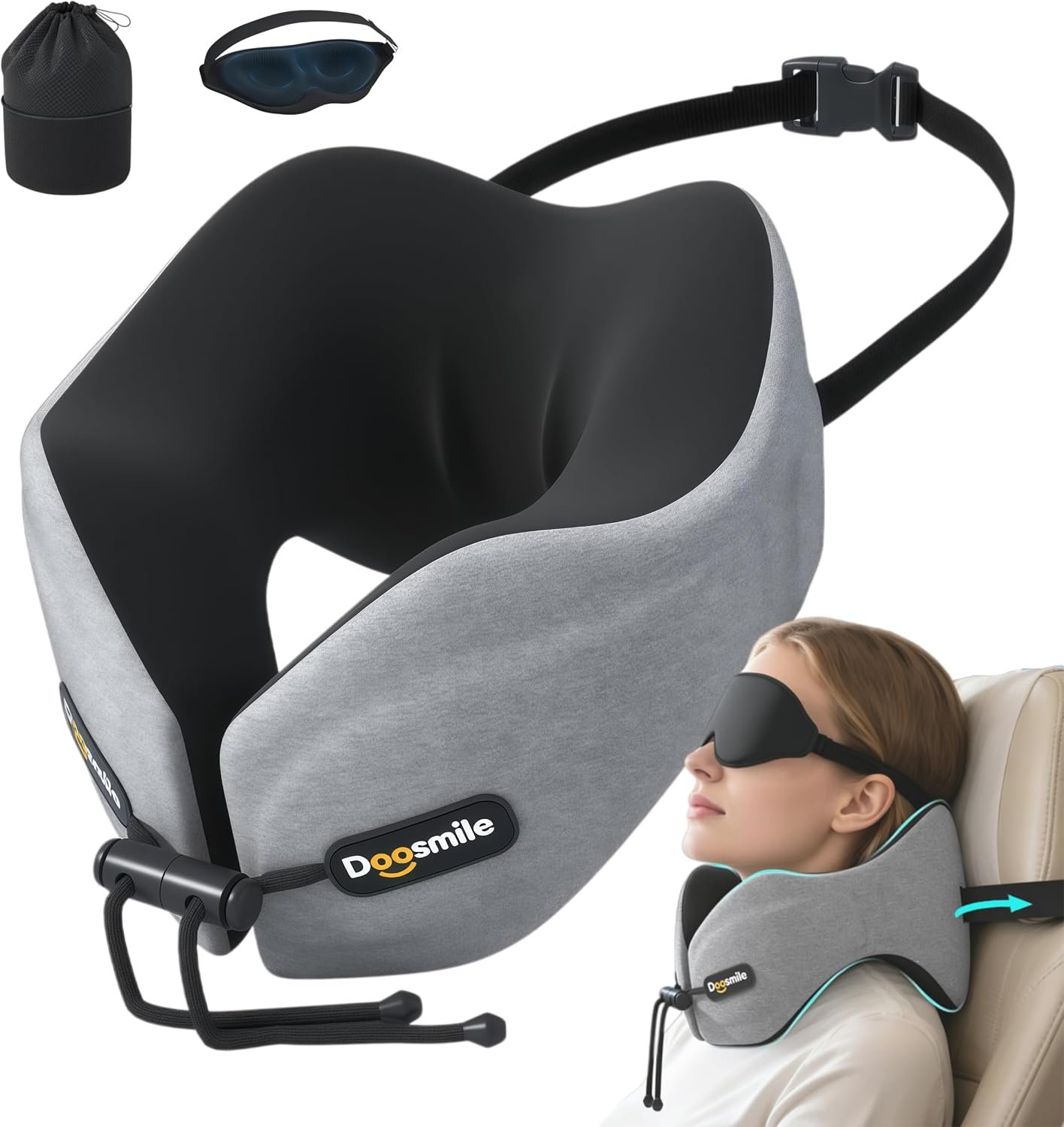 Patented Head-Bobble-preventing Ergonomic Travel Neck Pillow Combo Gray