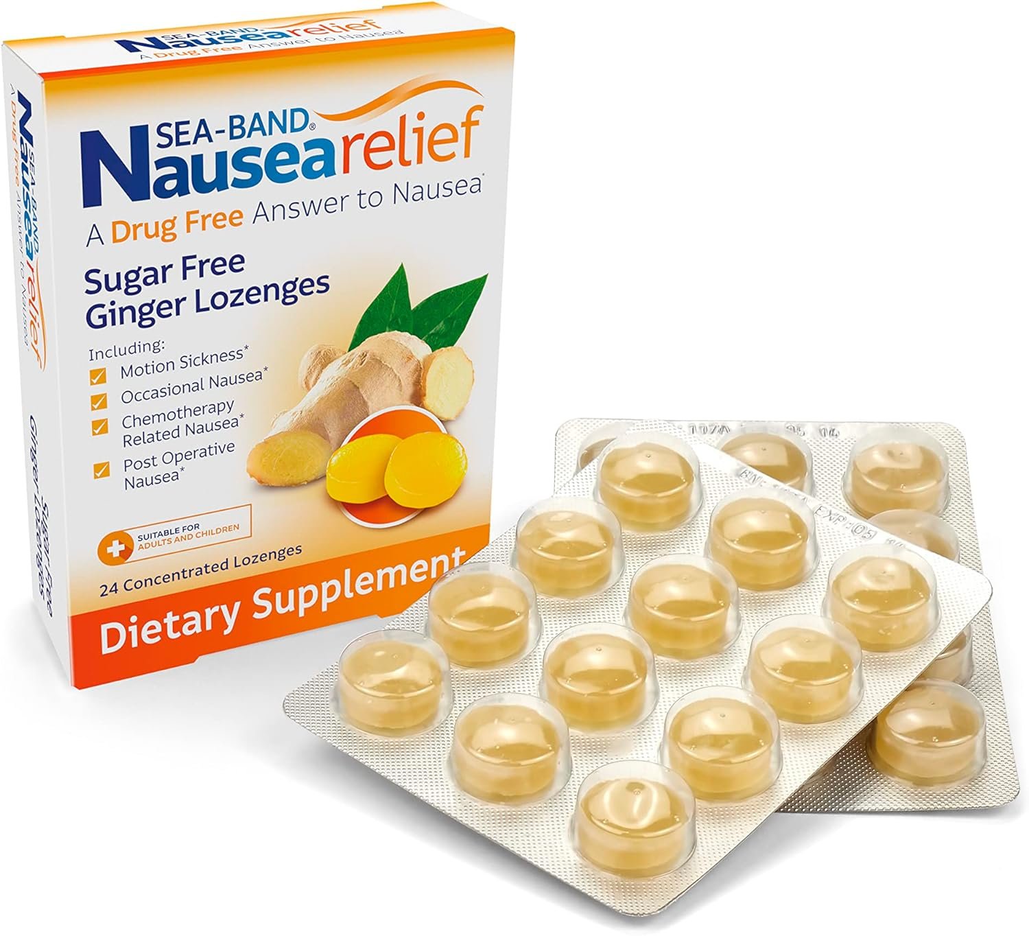 Sea-Band Sugar Free Ginger Travel Lozenges for Motion Sickness 24 Pieces