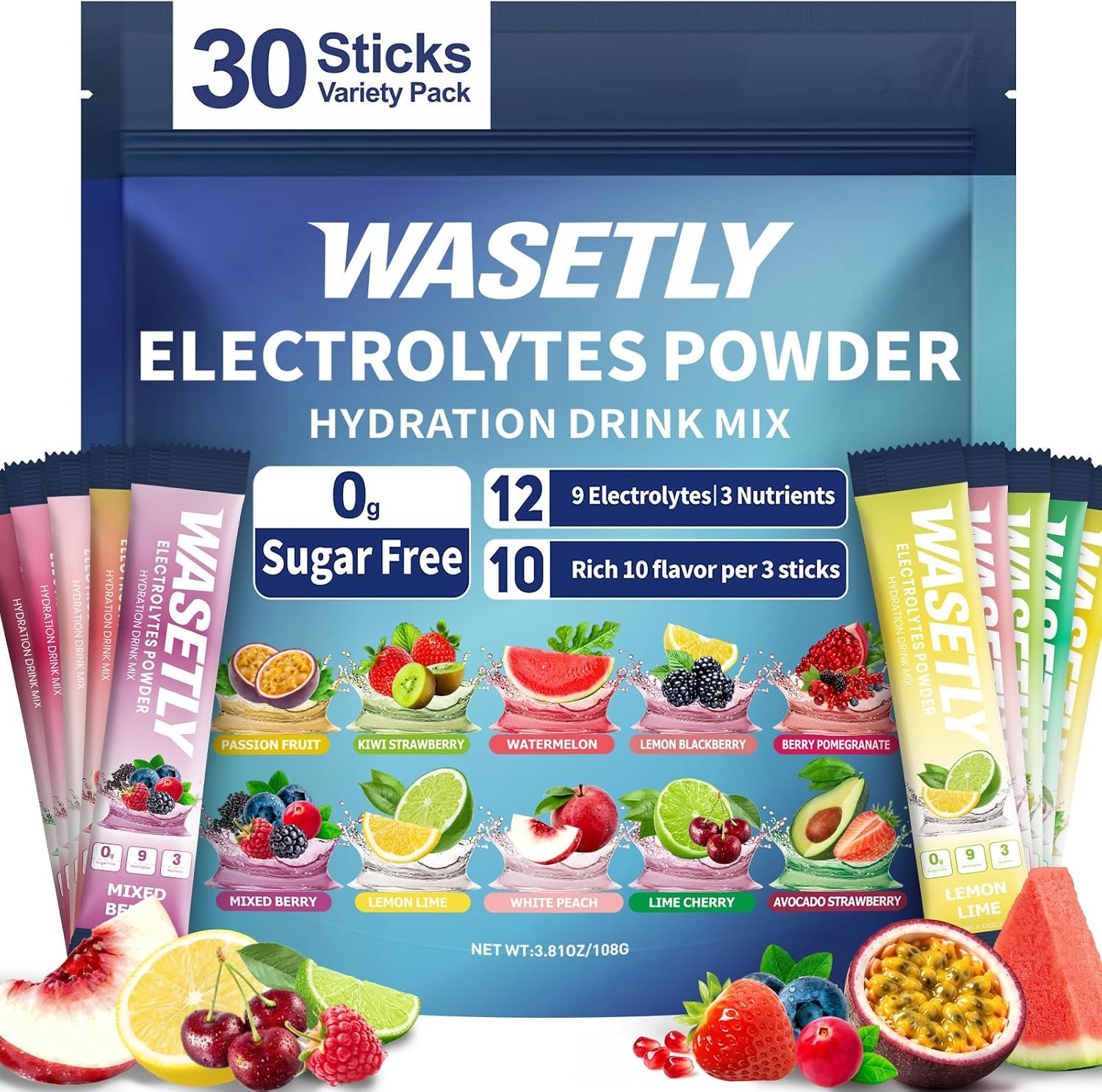 Electrolytes Powder Packets Sugar Free Hydration Packets, 30 Sticks 10 Flavors Electrolyte Packets Drink Mix Liquid Daily IV for Low Sodium Calorie, 9 Electrolytes, 3 Vitamins