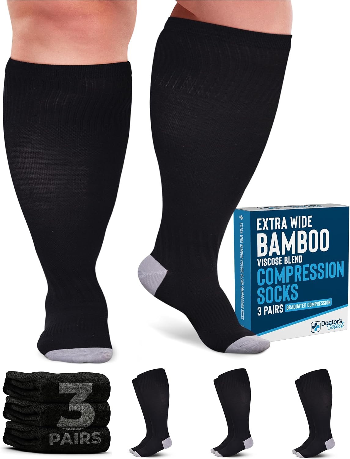 Doctor’s Select® 3 Pairs Plus Size Compression Socks Wide Calf – Bamboo Viscose Knee High Socks | Circulation Support