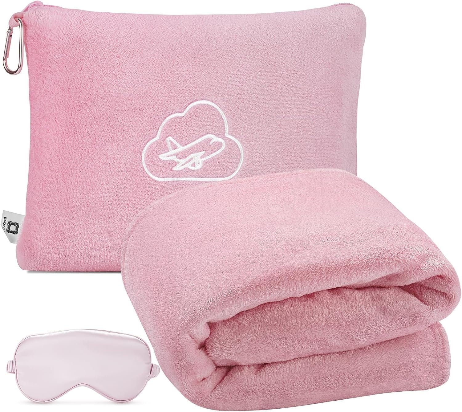 Travel Blanket Pillow,Airplane Blanket Compact with Bag Eye Mask, Ultra-Soft,Warm & Lightweight Included,Travel Essentials for Women & Men, Luggage Sleeve & Backpack Clip 65×40 in, Pink