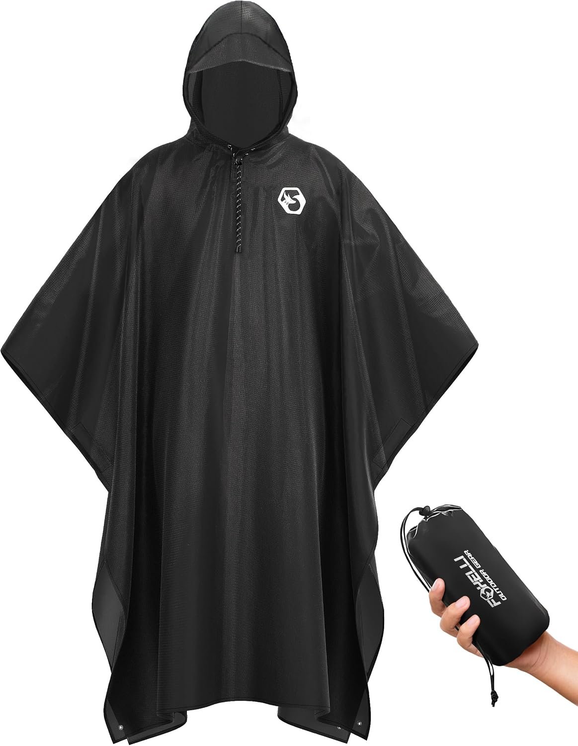 Foxelli Extra Long Rain Poncho for Tall Adults, Reusable Waterproof Hooded