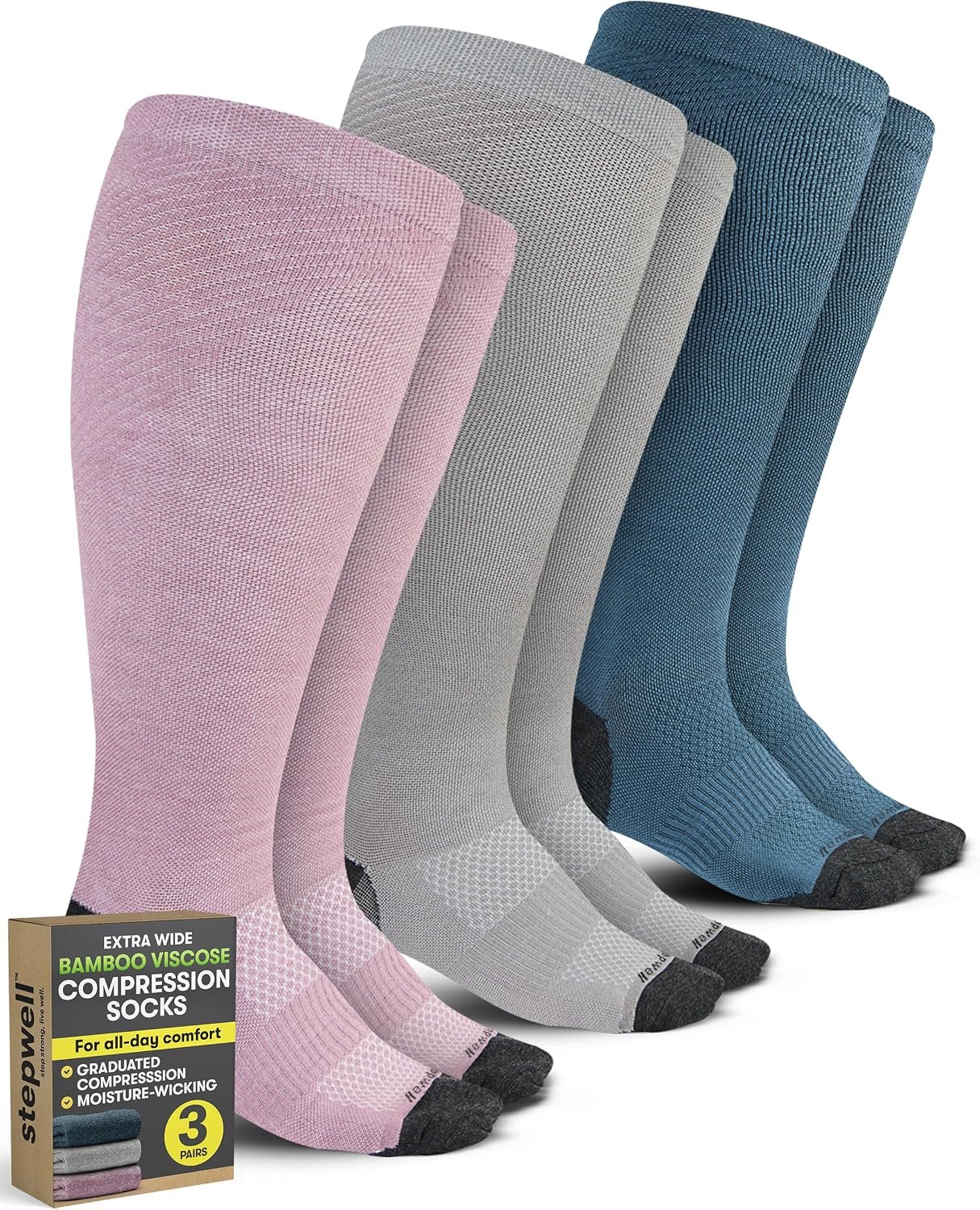 STEPWELL® Bamboo Viscose Plus Size Compression Socks for Women – 3 Pack, Moisture-Wicking Extra Wide Socks
