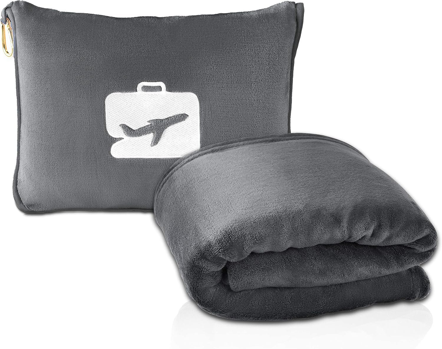 EverSnug Travel Blanket and Pillow – Premium Soft 2 in 1 Airplane Blanket with Soft Bag Pillowcase, Hand Luggage Sleeve and Backpack Clip (Grey)