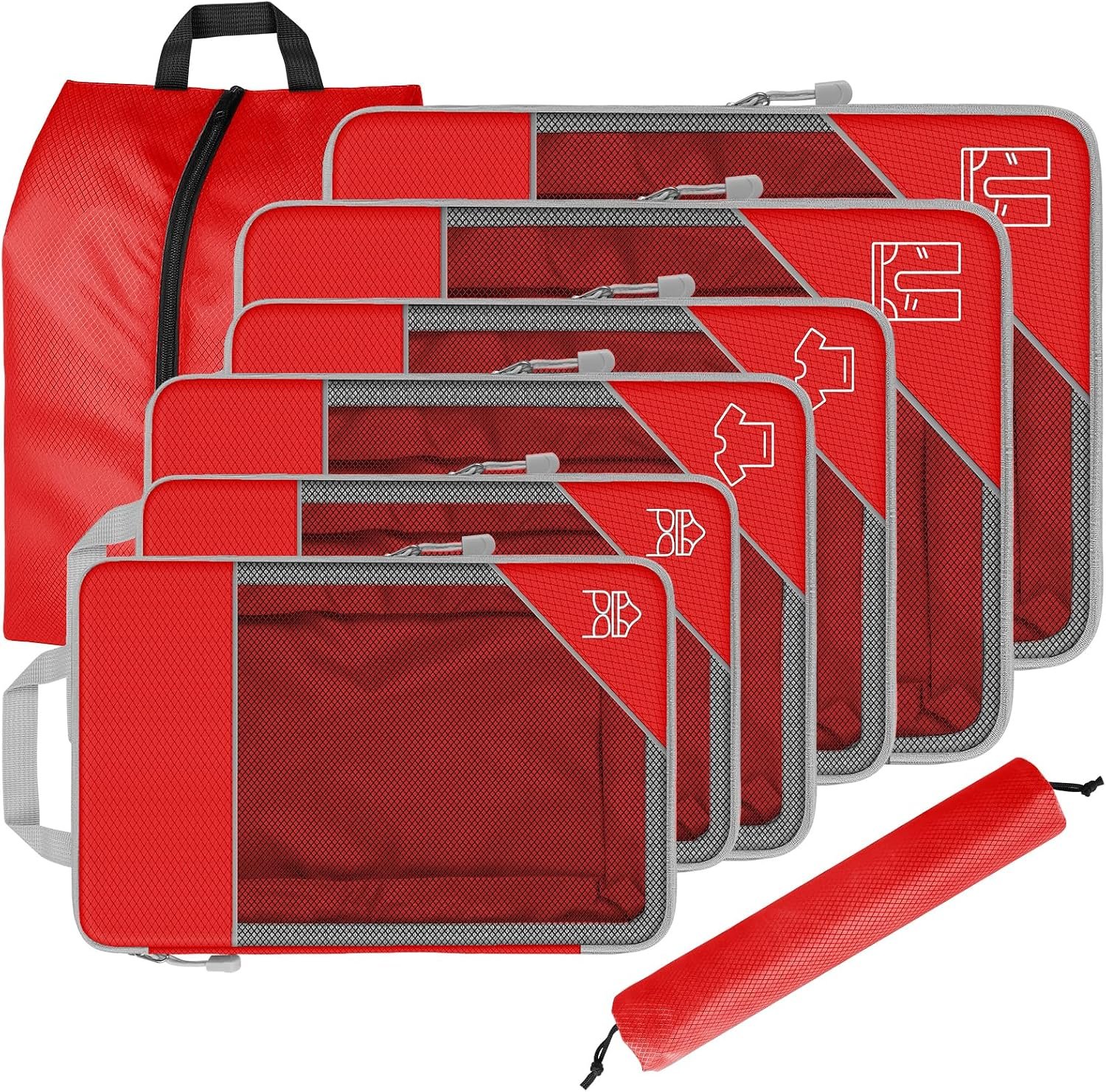 8 Set Compression Packing Cubes for Travel, Expandable Luggage Organizer with Shoe Bag & Laundry Bag – Lightweight Suitcase & Backpack Travel Essentials (Red)