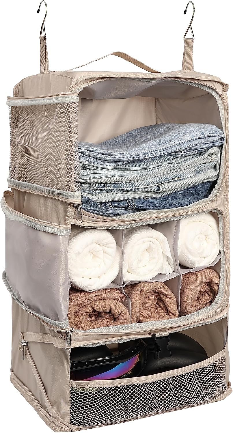 ELEZAY Hanging Packing Cubes Portable Closet 3-Shelf Travel Collapsible Compression Garment Organizer for Carry-on Luggage Suitcase Space Saver Bag X-Large_No Side Pockets, Beige